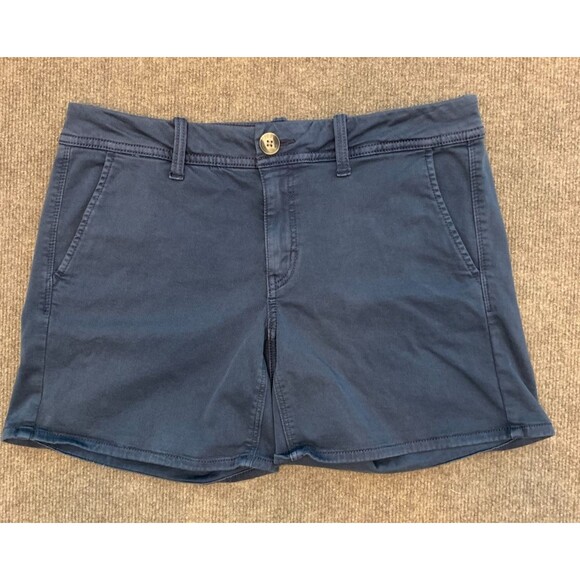 American Eagle Shorts Womens 8 Midi Stretch Flat Front Chino Navy Washed Cotton - Picture 1 of 9